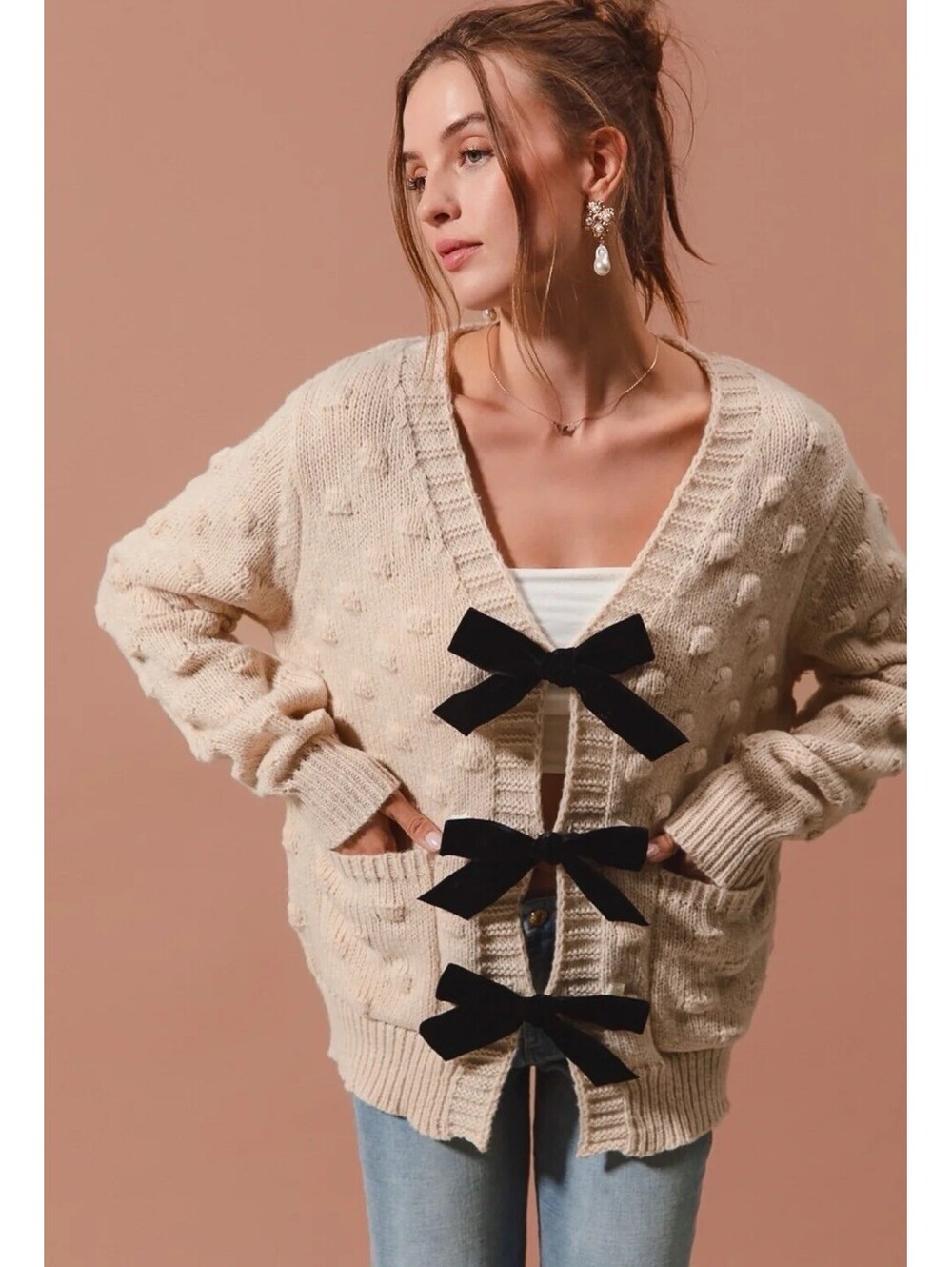 Finesse Women’s Size M/L Bubble Neutral Beige Bow Front Tie Oversized Cardigan